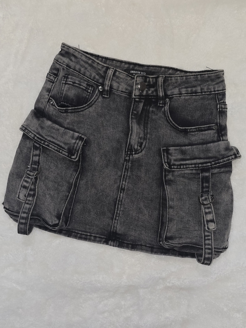 American Bazi Washed Charcoal Cargo Denim Mini Skirt